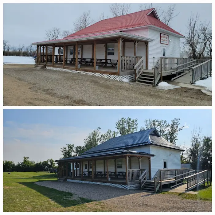 Before and after metal roofing transformation at Antler Hill Community Hall - red to black metal roof